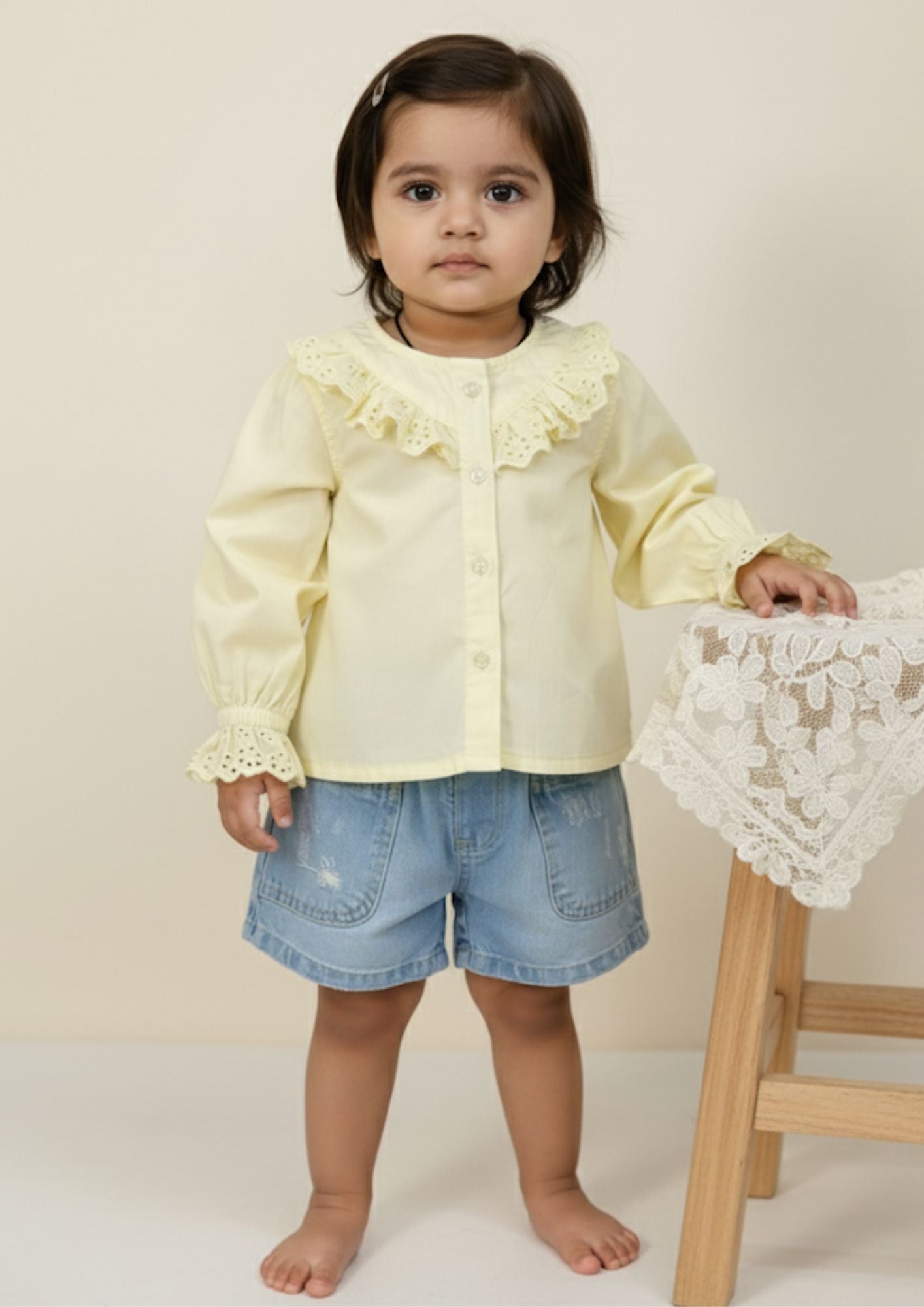 Buttery Yellow Cotton Full Sleeve princess Top and Light Blue torn Denim Shorts