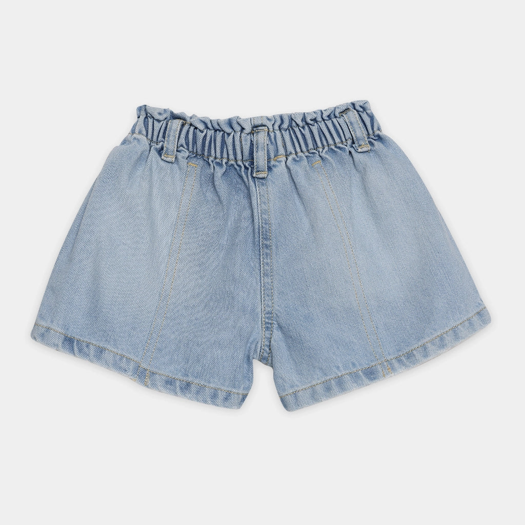 Light blue denim shorts on a light gray background