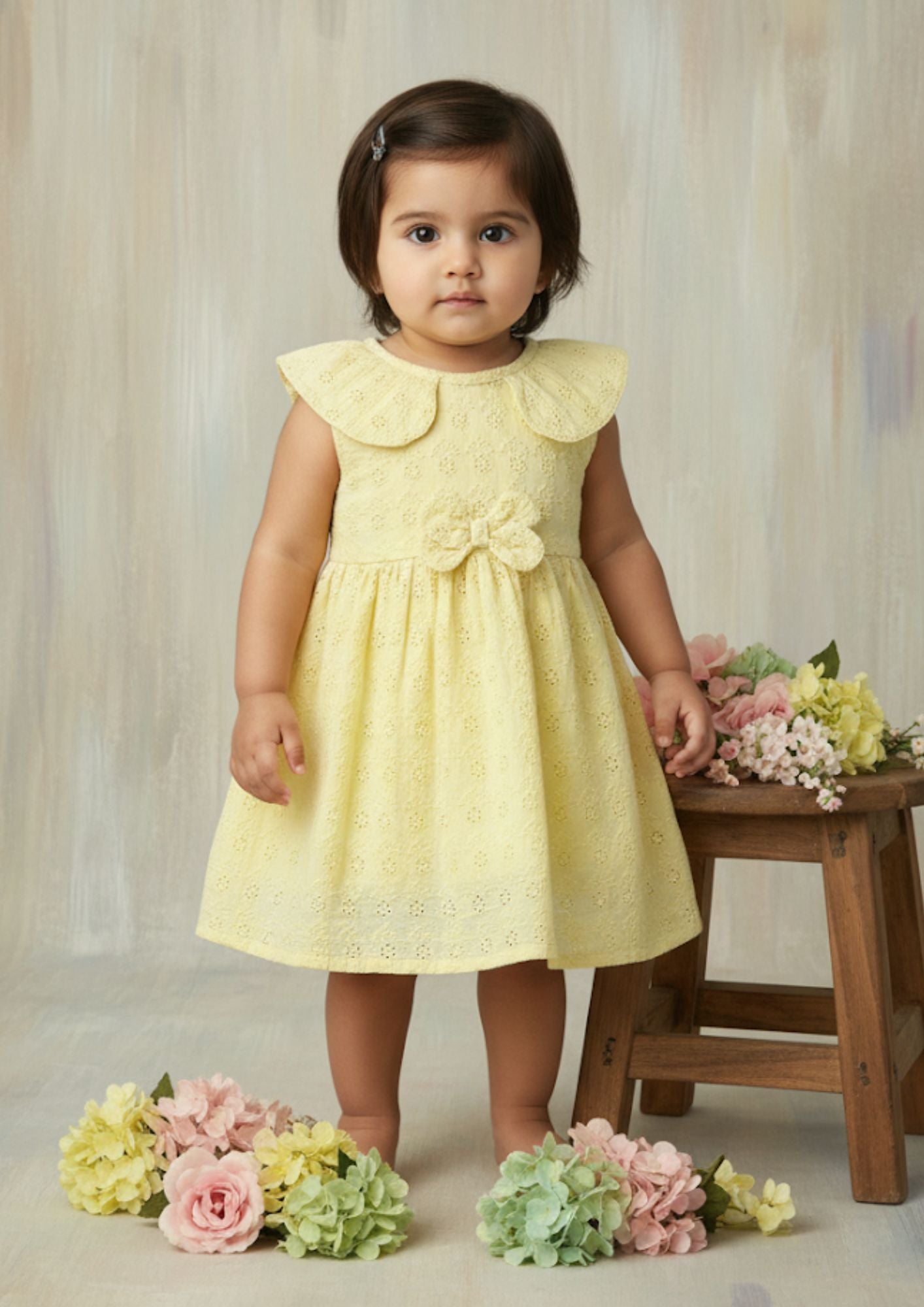 Baby girl standing wearing buttercup hakoba cotton frock