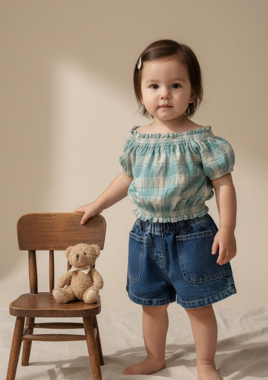 Ocean Blue Checked Drop Shoulder Crop Top and Dark Blue Denim Shorts