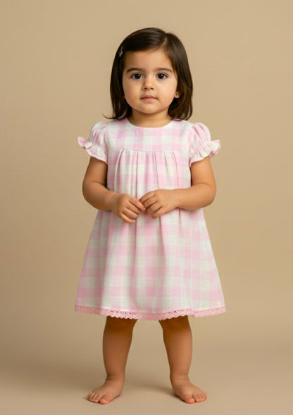 Pink Checked Lace Frock