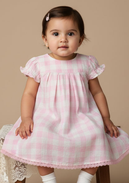 Pink Checked Lace Frock