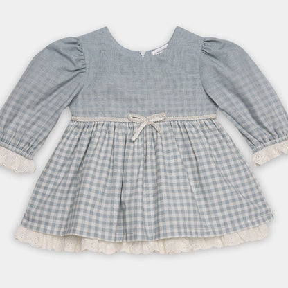 Blue checkered dress with long sleeves on a white background