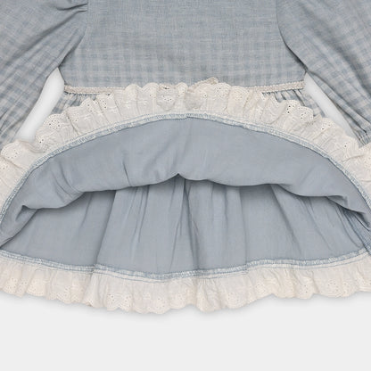 Gray dress with lace trim on a white background