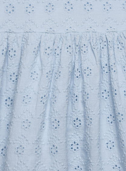 Close-up of a light blue lace fabric with a subtle pattern.