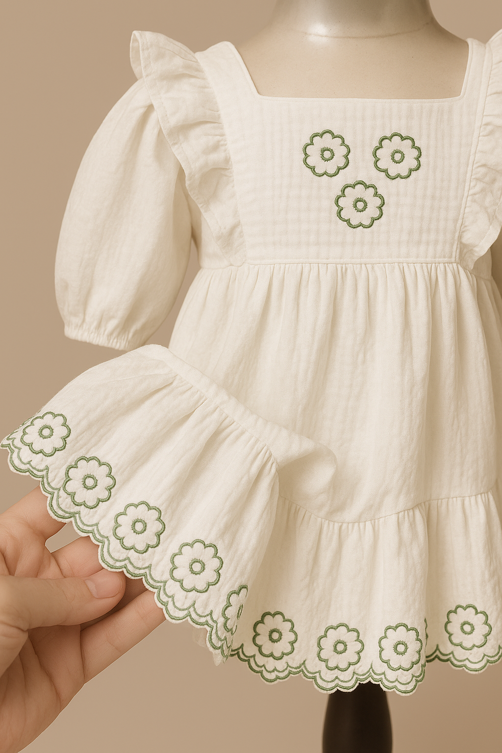 White Cotton Baby Dress with Green Floral Embroidery