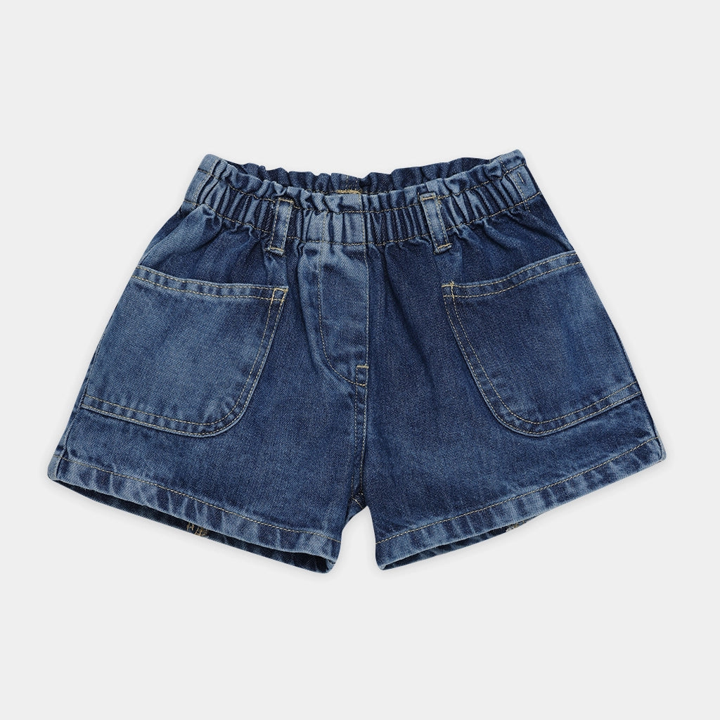Blue denim shorts on a light gray background