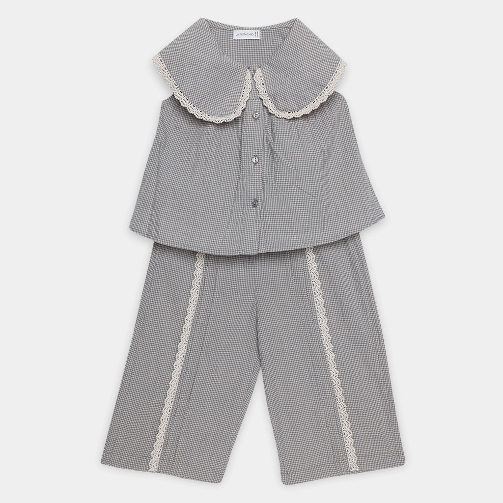 Gray checkered outfit with lace trim on a white background