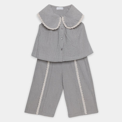 Gray checkered outfit with lace trim on a white background