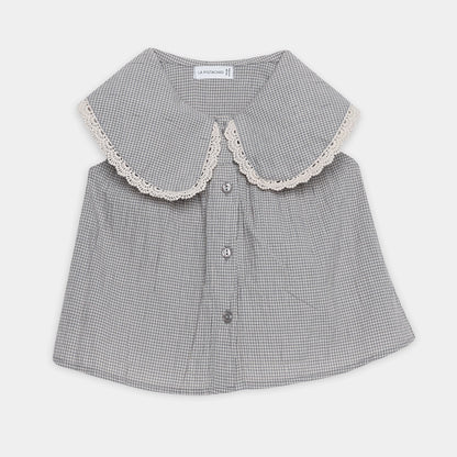 Gray checkered blouse with lace collar on a light gray background