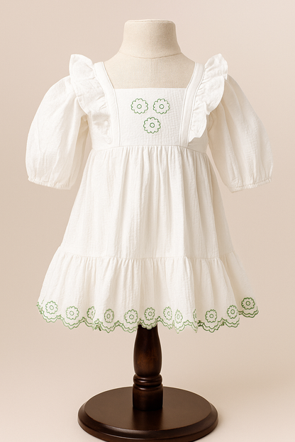 White Cotton Baby Dress with Green Floral Embroidery