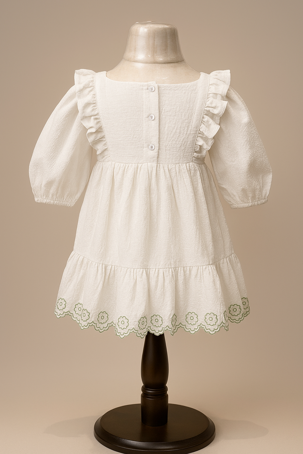 White Cotton Baby Dress with Green Floral Embroidery