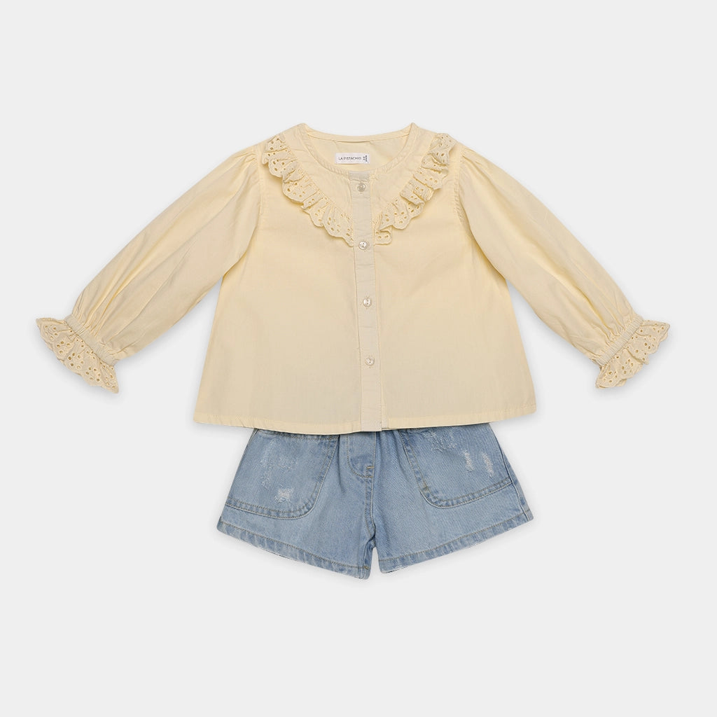 Buttery Yellow Cotton Full Sleeve princess Top and Light Blue torn Denim Shorts