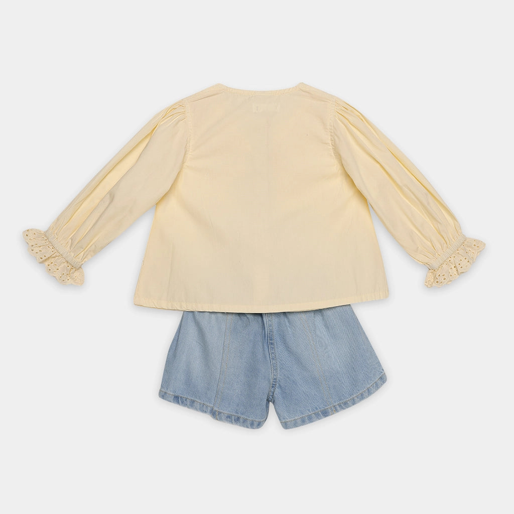 Buttery Yellow Cotton Full Sleeve princess Top and Light Blue torn Denim Shorts