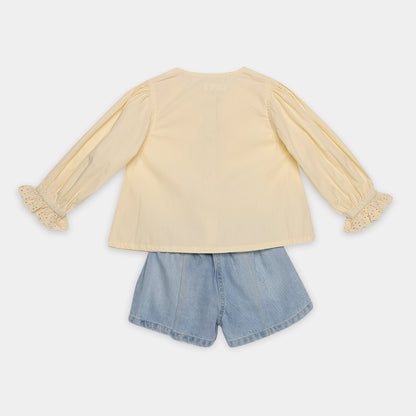 Buttery Yellow Cotton Full Sleeve princess Top and Light Blue torn Denim Shorts