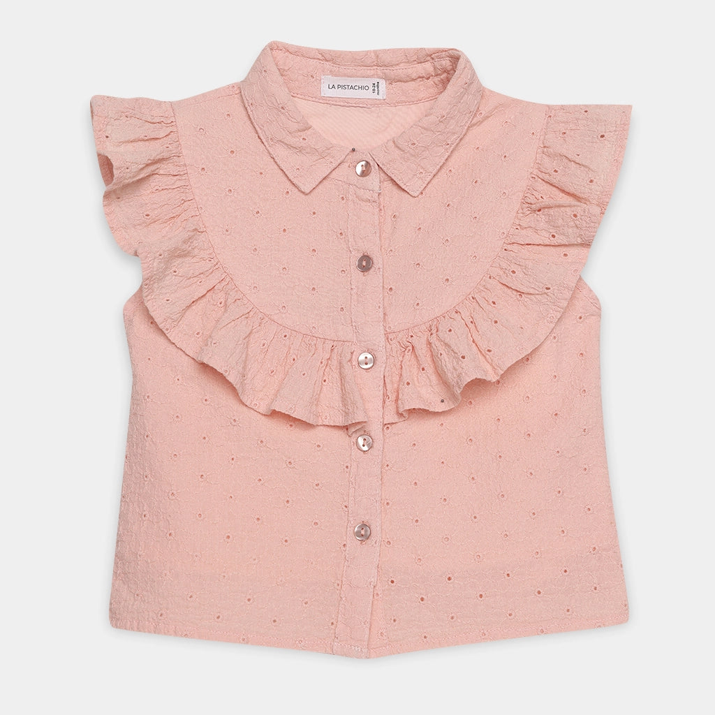 Peach Sleeveless Accoba Top and Light Blue Denim Torn Shorts