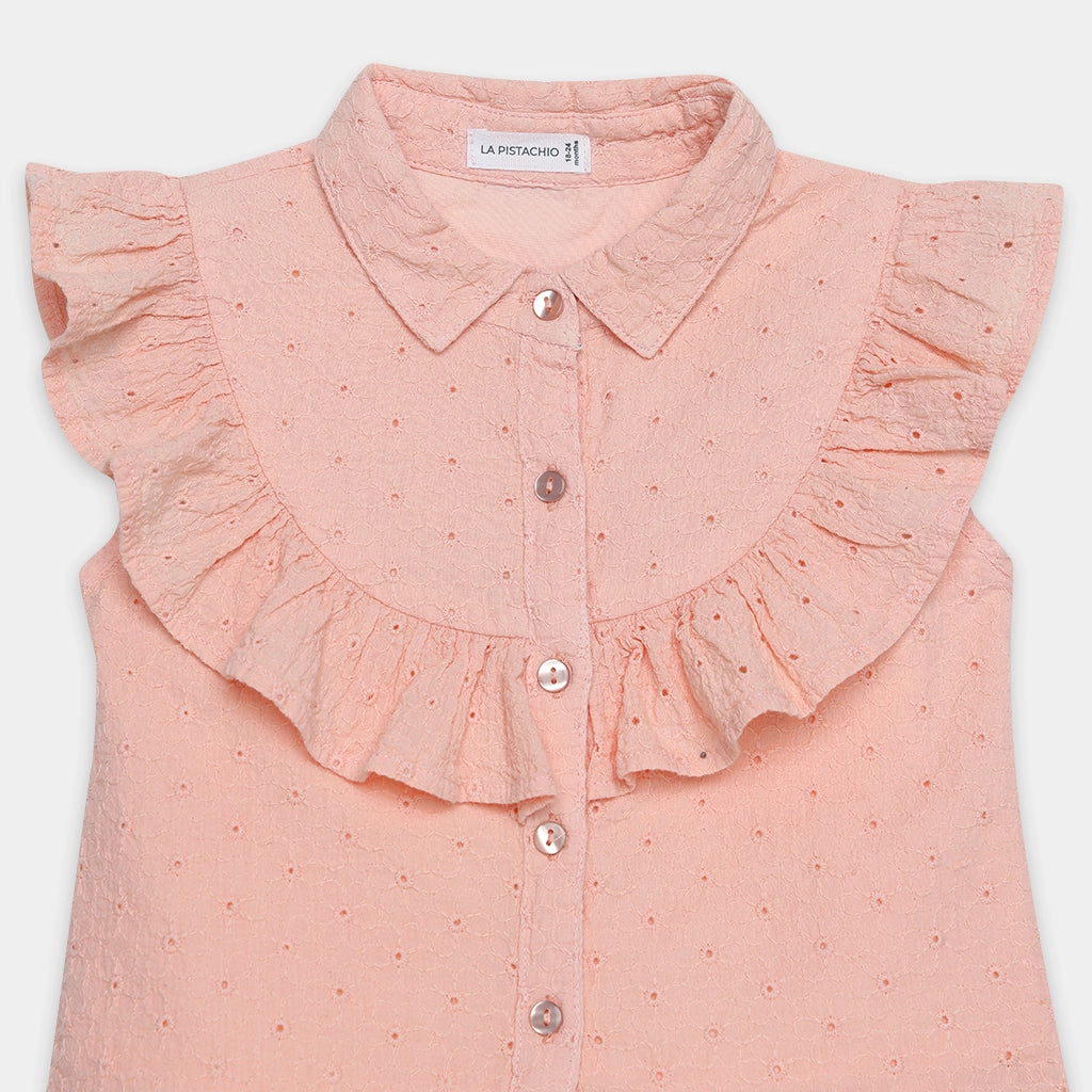Peach Sleeveless Accoba Top and Light Blue Denim Torn Shorts