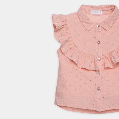 Peach Sleeveless Accoba Top and Light Blue Denim Torn Shorts