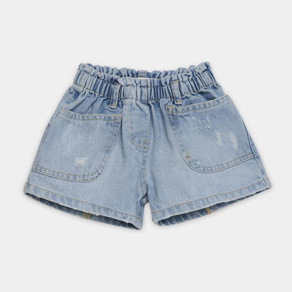 Light blue denim shorts with distressed details on a white background