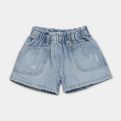 Light blue denim shorts with distressed details on a white background
