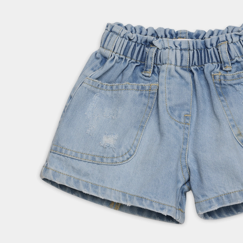 Light blue denim shorts with an elastic waistband on a white background
