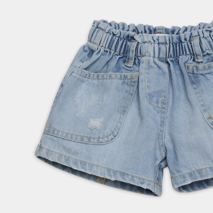 Light blue denim shorts with an elastic waistband on a white background