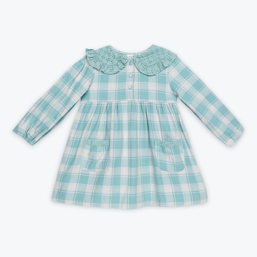 Children's blue and white checkered dress with a collar on a light gray background