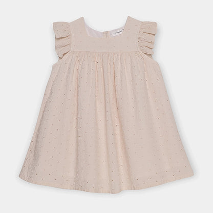 Beige dress with ruffled shoulders on a white background