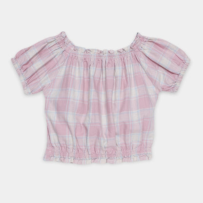 Pink and white checkered blouse on a light gray background