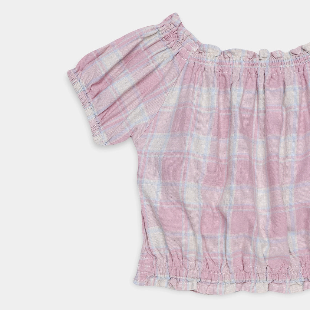 Pink plaid off-shoulder top on a white background