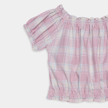 Pink plaid off-shoulder top on a white background