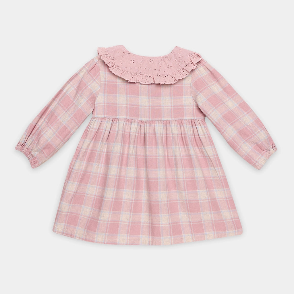 Pink checkered dress with a ruffled collar on a white background