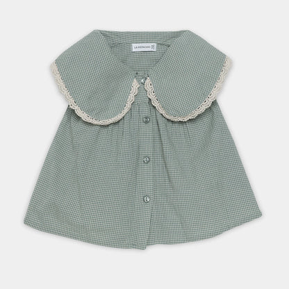Green checkered blouse with lace collar on a white background