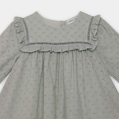 Gray dress with ruffled neckline on a white background