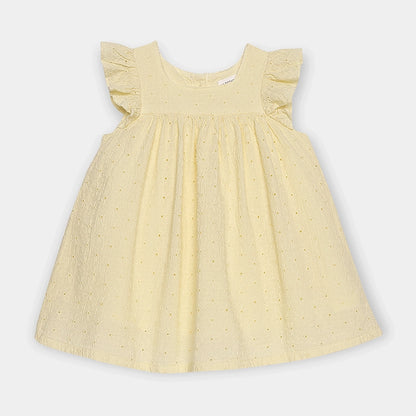 Yellow dress with ruffled sleeves on a light gray background