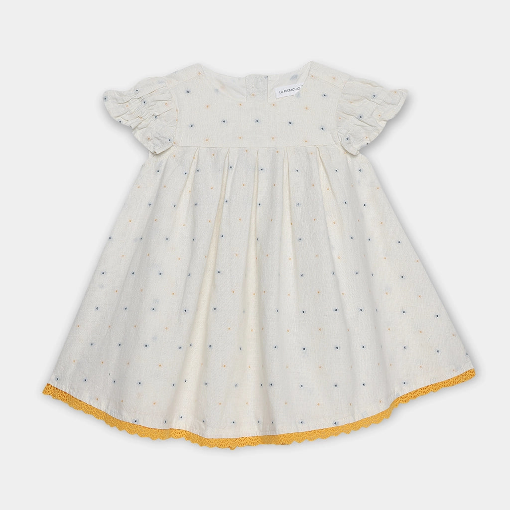 Sunshine Dot Embroidered Cream Cotton A-line Dress with Crochet Lace