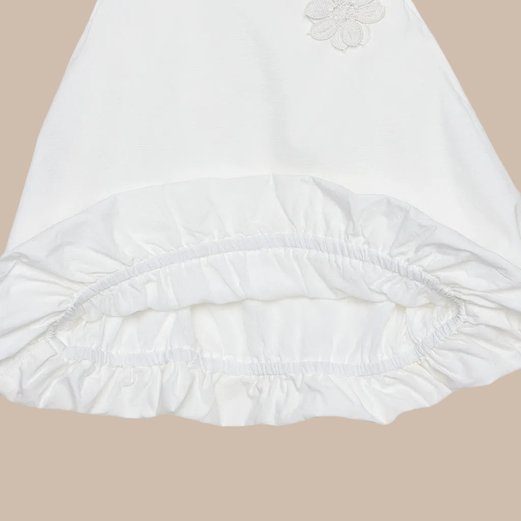 Close-up of a white fabric with ruffled edge on a light gray background