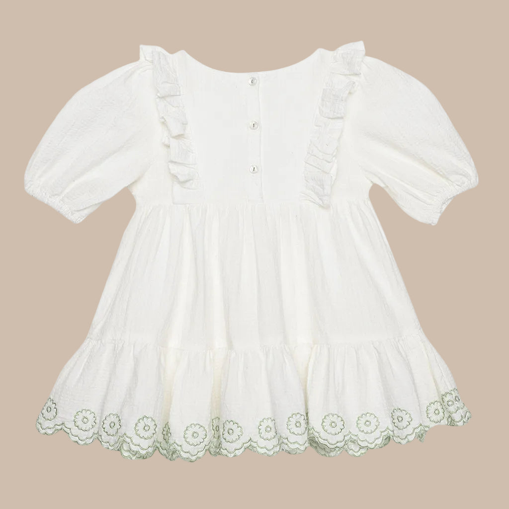 White dress with lace trim on a light gray background