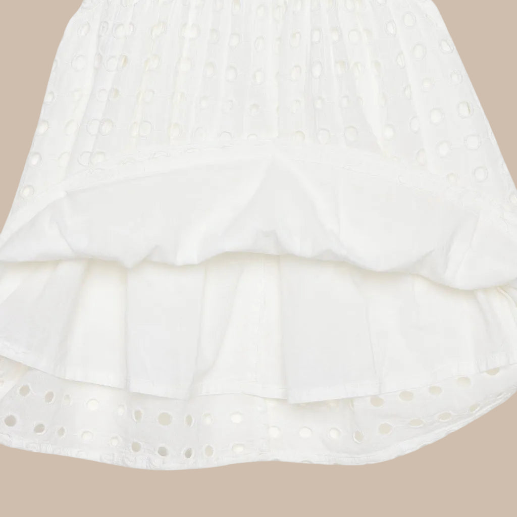 Close-up of a white lace garment with ruffled layers on a light background