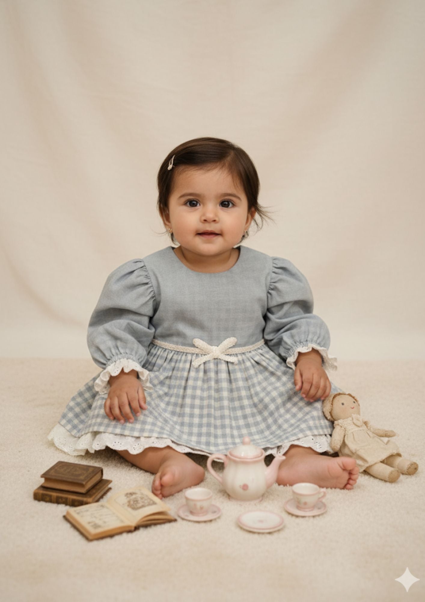 Baby girl sitting wearing blue gingham princess cotton dress