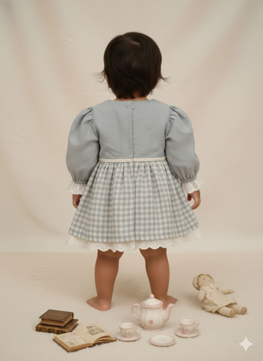 Back view of blue gingham princess cotton dress on baby