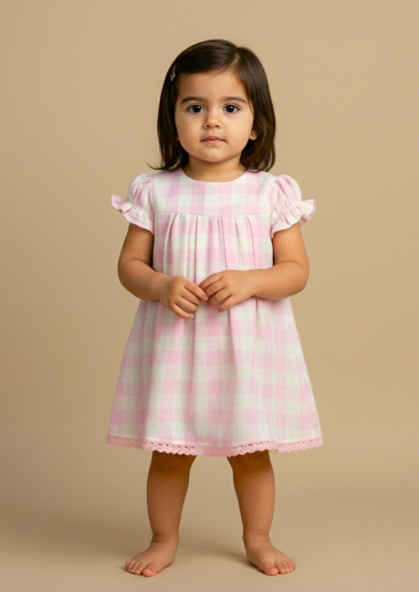 Baby girl standing facing front wearing blush pink check cotton A-line dress with crochet lace