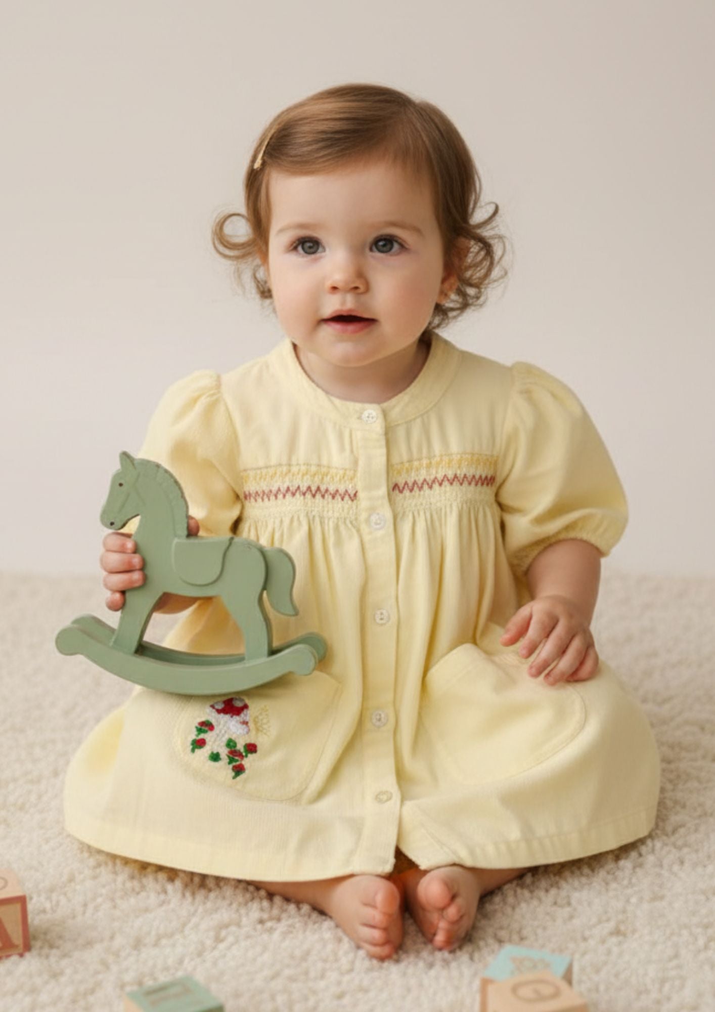 Baby girl sitting wearing buttery yellow smocked cotton A-line dress