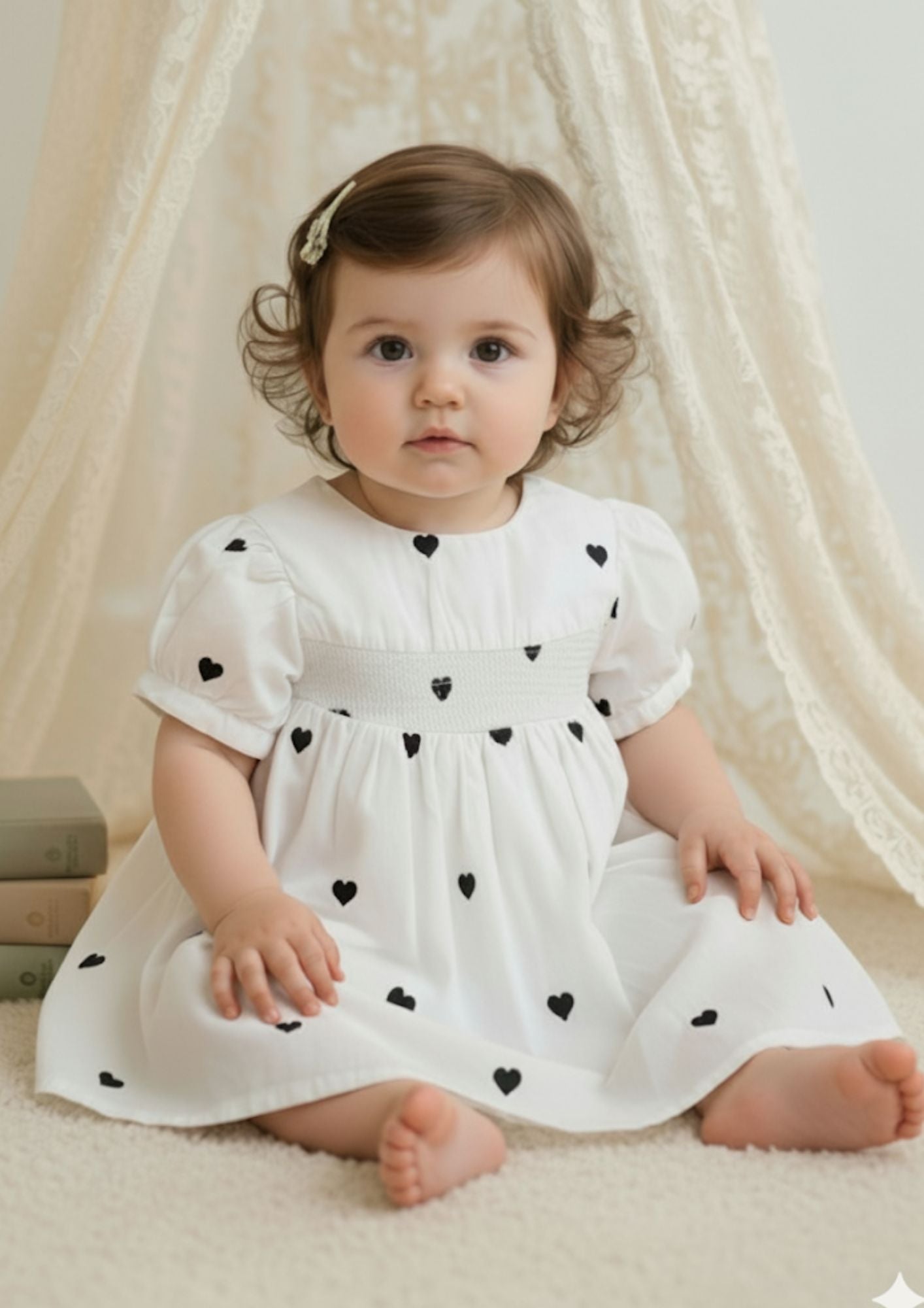 Baby girl sitting wearing white cotton A-line dress with black heart smocking