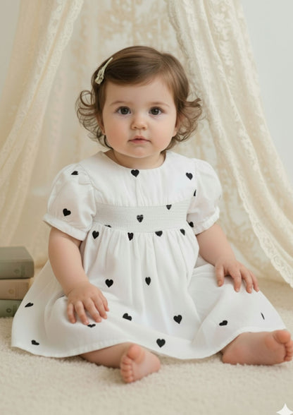 Baby girl sitting wearing white cotton A-line dress with black heart smocking