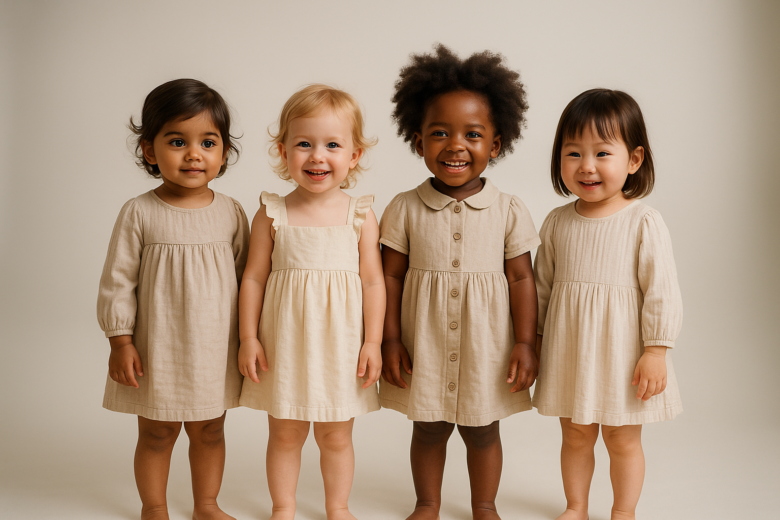 Four babies of age 2-3 years wearing different set of cute pure organic dresses one indian, one american, one black and one chinese. background in a studio type