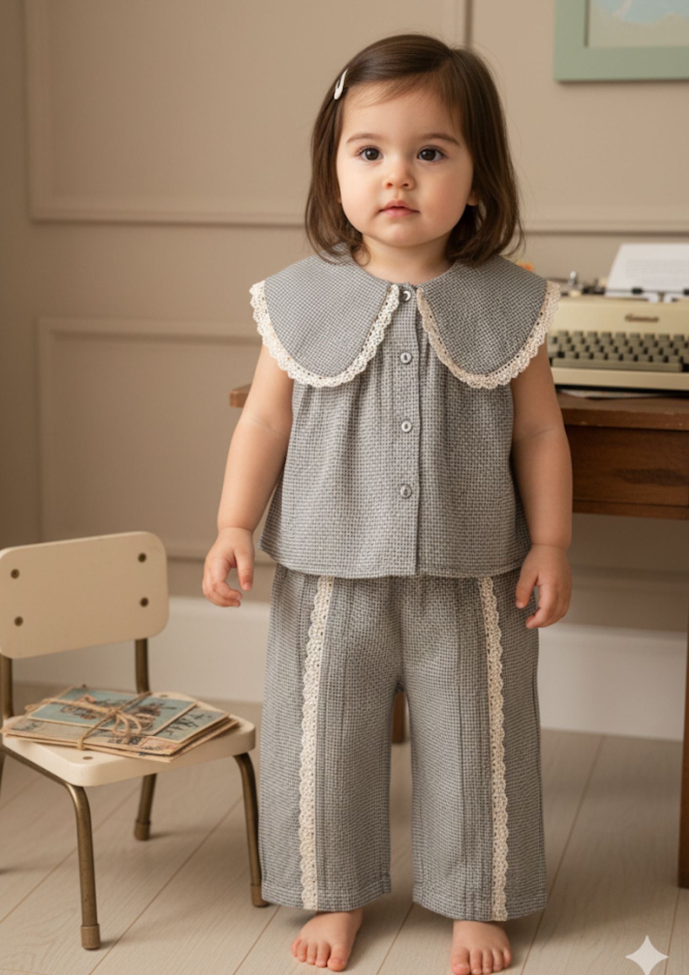 Baby girl standing wearing grey tiny checks cotton co-ord set with Peter Pan collar