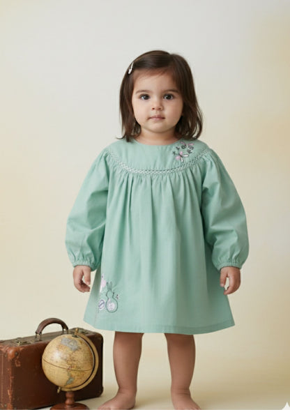 Baby girl standing wearing mint meadow embroidered cotton A-line dress