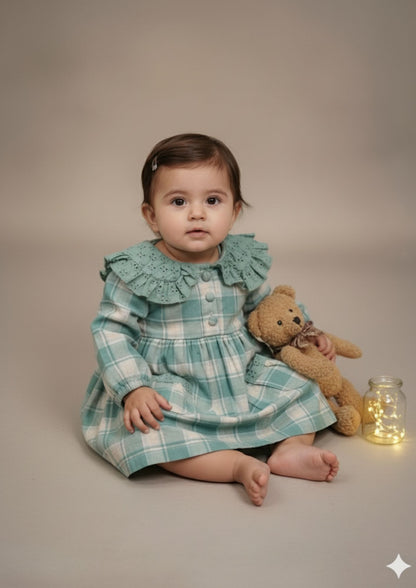 Ocean blue hakoba cotton frock for girls with Peter Pan collar and embroidery