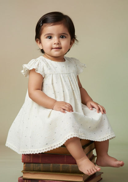 Baby girl sitting on books wearing off white dot embroidered cotton A-line dress with crochet lace